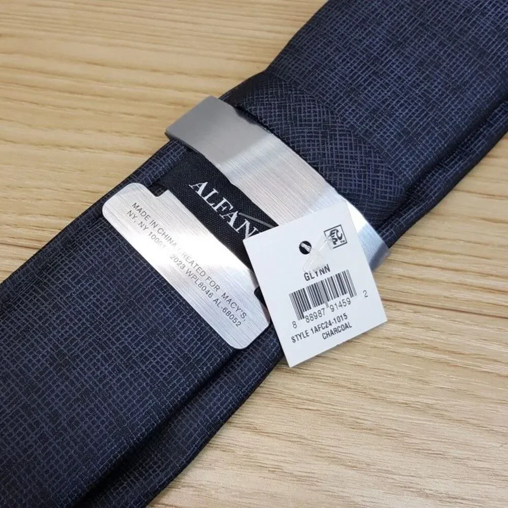 ALFANI Mens Neck Tie Black Charcoal Crosshatch Grid Slim Modern Classic